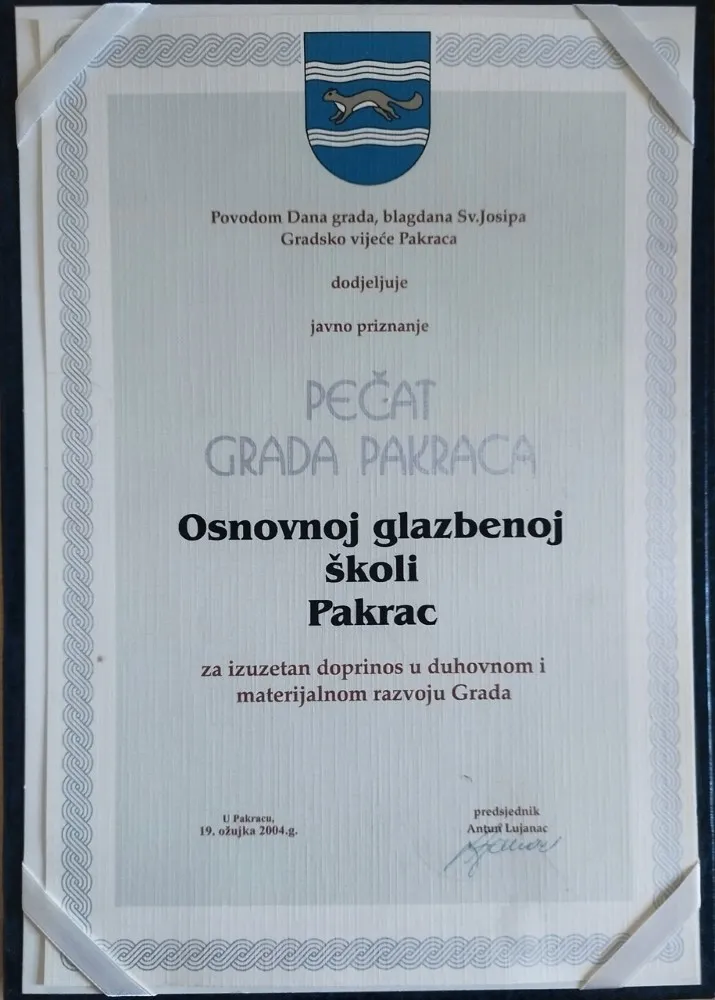 2004. OGŠ je dobila Pečat Grada Pakraca