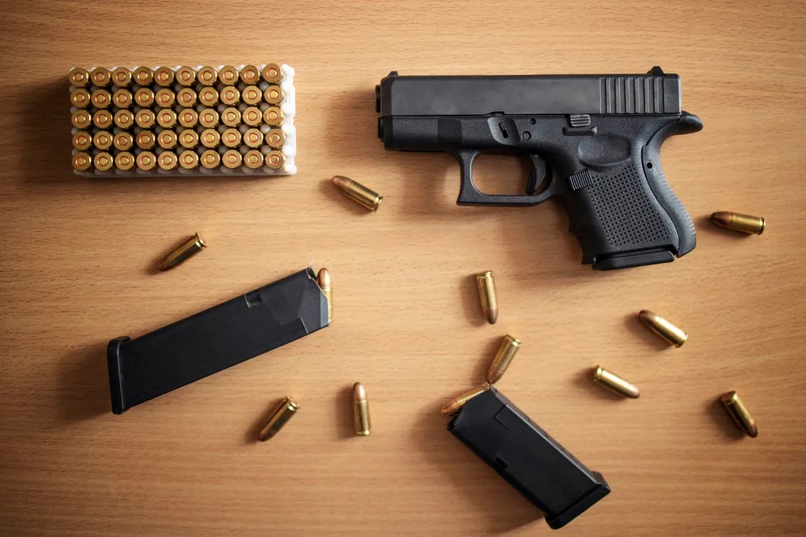 gun with box ammunition bullets wooden wall
