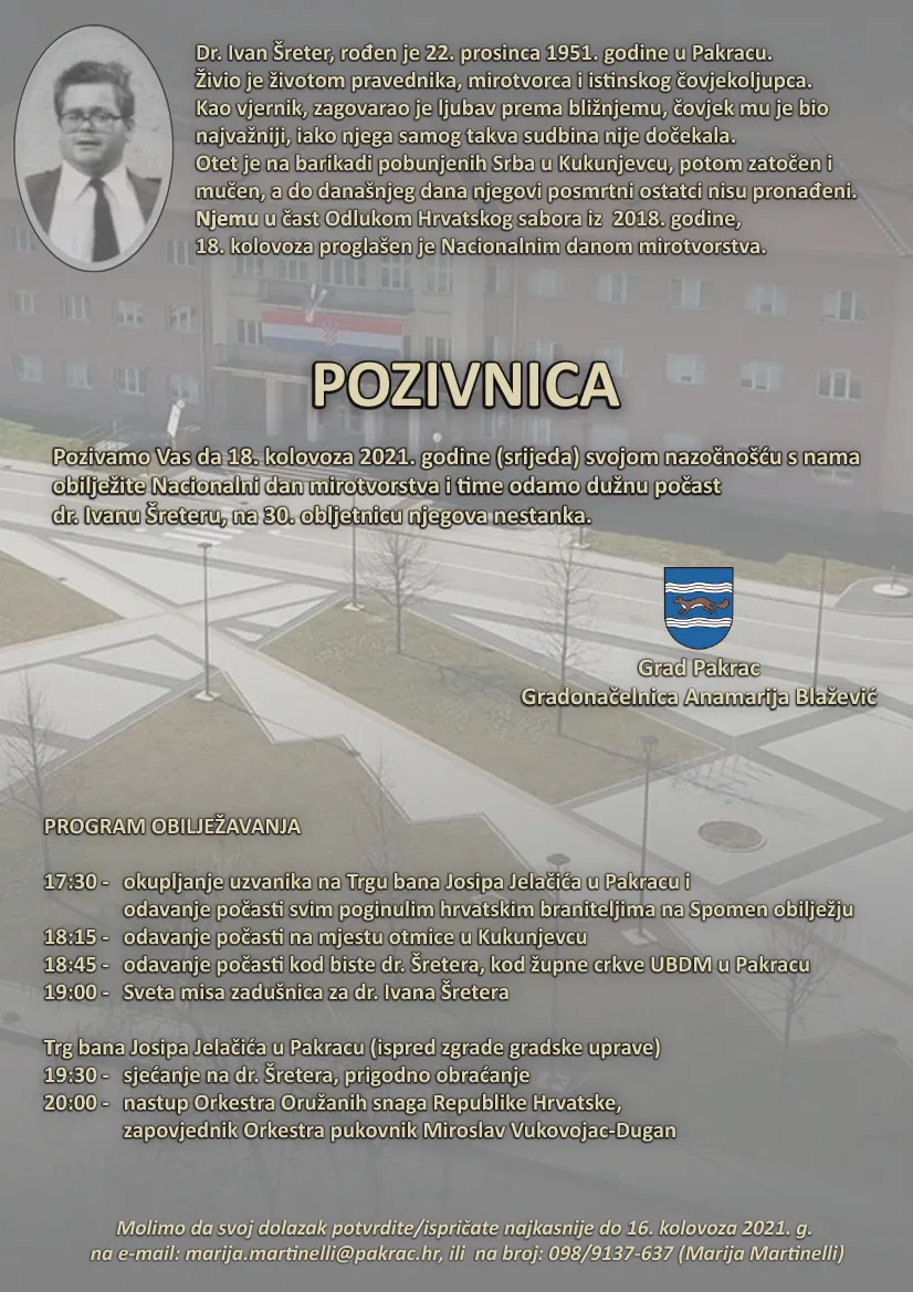 Pozivnica Nacionalni dan mirotvorstva sjećanje na dr