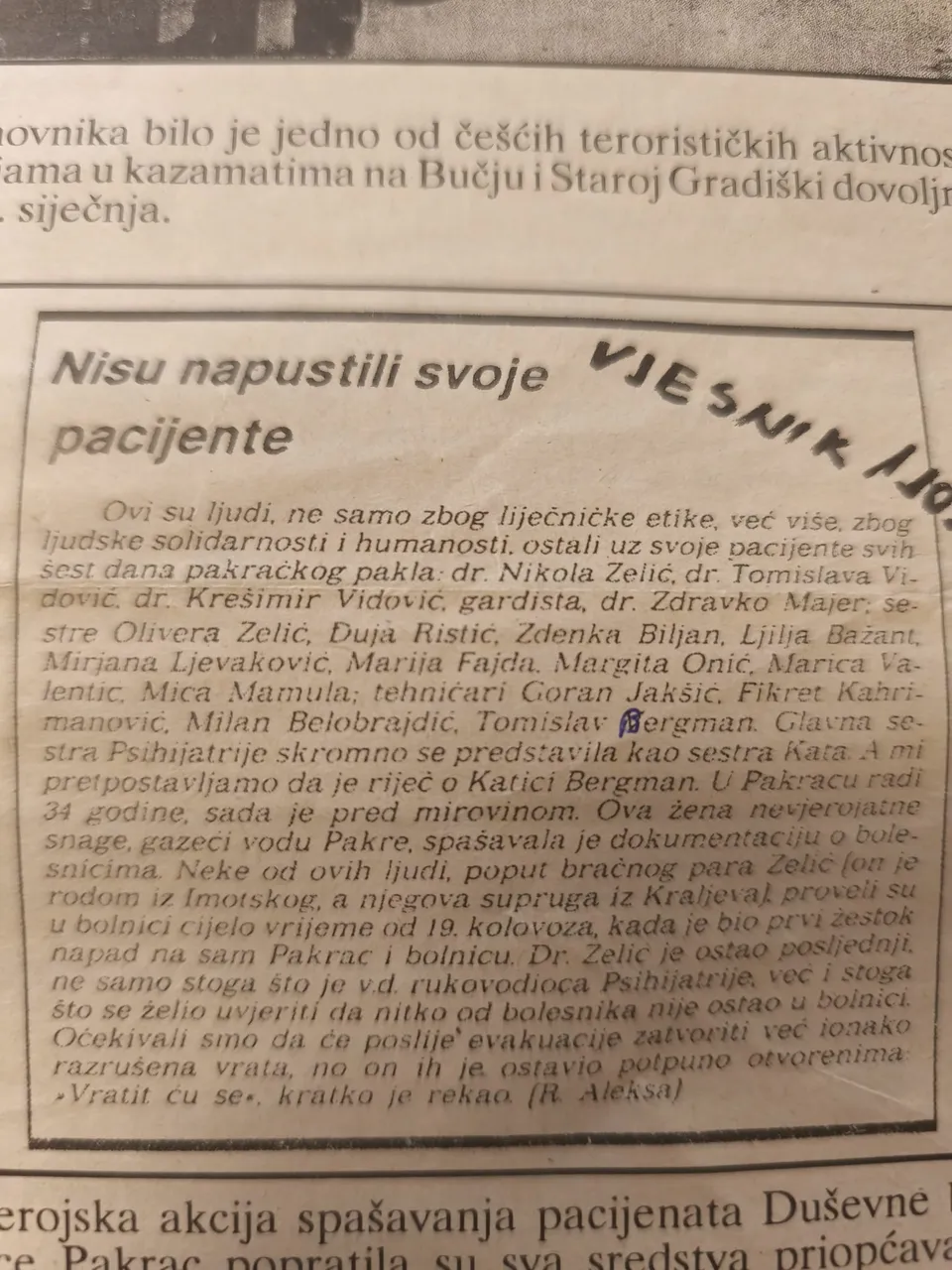 Fotografija uz članak „MEDICINARI U DOMOVINSKOM RATU Pakračka evakuacija psihijatrije je učionica humanosti“