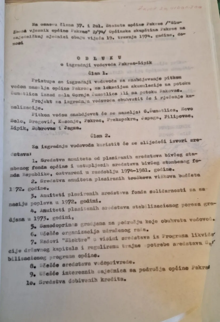 Dokument Odluke o izgradnji vodovoda iz 1974jpg