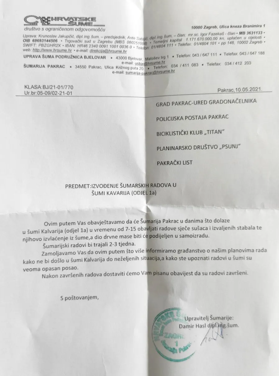Fotografija uz članak „OBAVIJEST ŠUMARIJE: Sječa u Kalvariji“